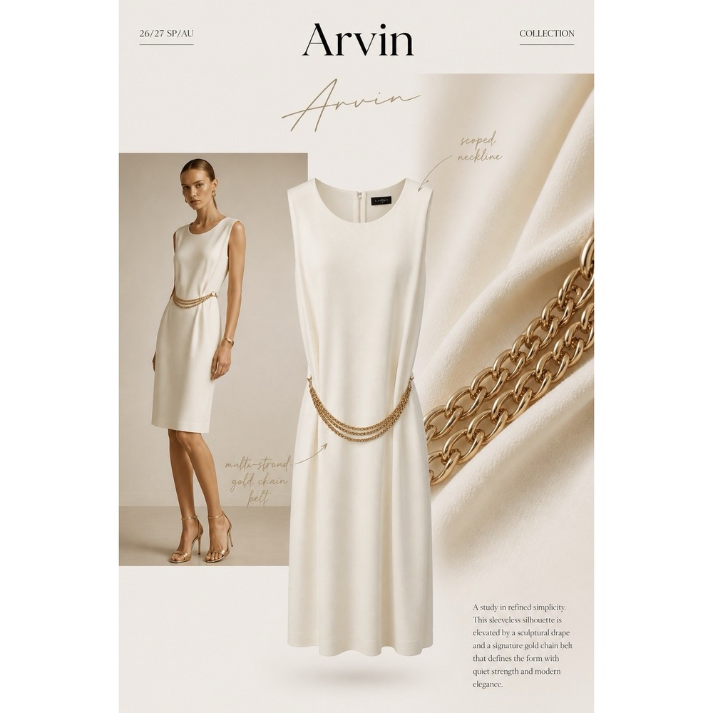 Donna Karan New York Sleeveless Chain-Belt Sheath Cream Dress
